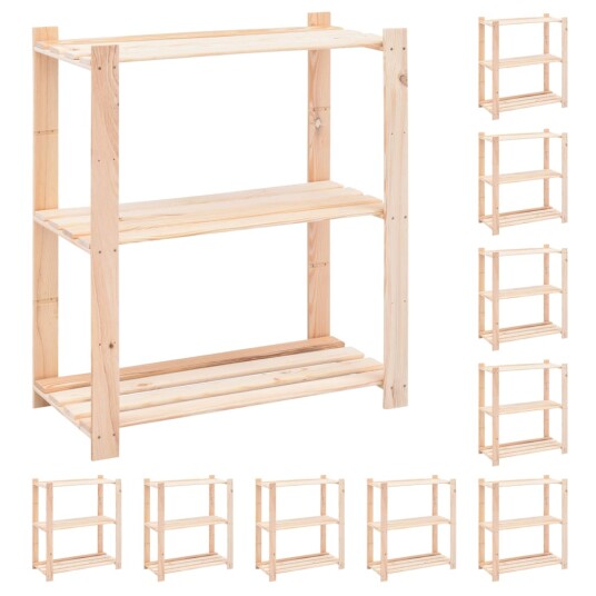 vidaXL Lagringshyller 3 etasjer 10stk 80x38x90cm heltre furu 150kg