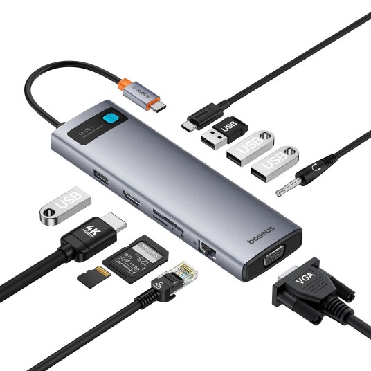 Baseus StarJoy 11in1 USB-hub med HDMI, VGA, og RJ-45, Grå