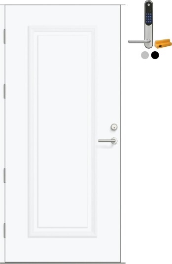 Ytterdør Bygg1 Fjord 06 med Yale Entrus BxH: 100x210 cm, Venstre, NCS S-0500-N, Klassisk Hvit, Yale Sølv Ytterdør Bygg1 Fjord 06 med Yale Entrus BxH: 100x210 cm, Venstre, NCS S-0500-N, Klassisk Hvit, Yale Sølv