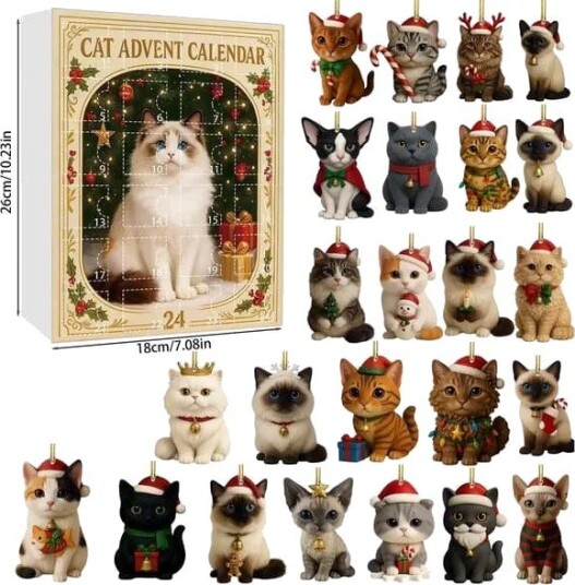 Katt Julekalender 2026   24 Dager med i Blinde Bokser   Unik Julegave Akryl anheng