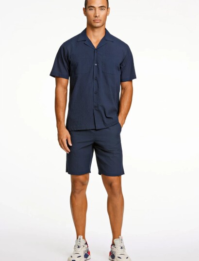 Lindbergh Seersucker Shorts Elasticated - Navy - M
