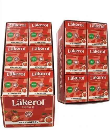 48 stk Läkerol Strawberry Sugarfree / Sukkerfrie Pastiller med Jordbærsmak   Hel Eske 1,2 kg