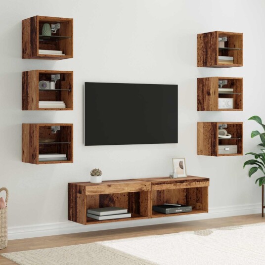 TV skap med LED stripelys med skuff 8 pcs Gamle tre Glass TV skap med LED stripelys med skuff 8 pcs Gamle tre Glass