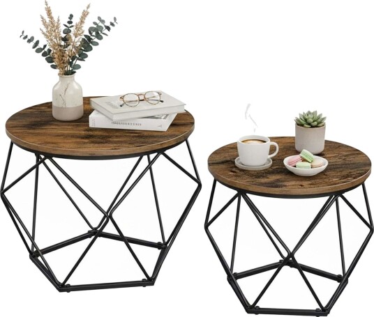 Sett med sidebord i rotting – avtakbare brettplater svart ramme