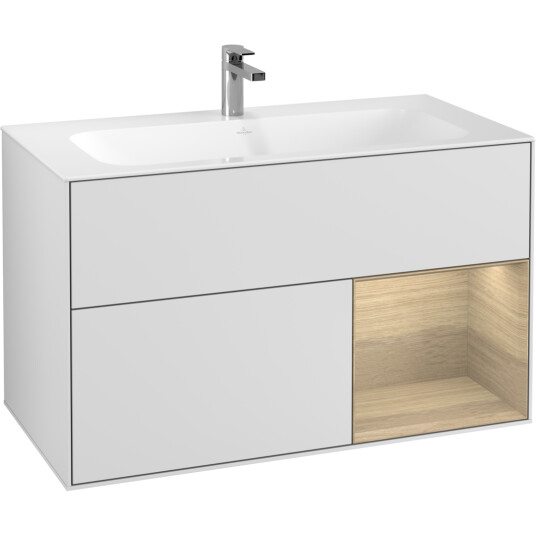 VILLEROY & BOCH FINION SERVANTSKAP 100 HVIT MATT LAKK EMOTION-LYS, HØYRESTILT EIKEFINÉR HYLLE
