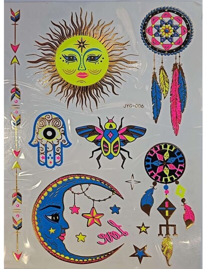 Ark med Drømmefanger Måne Sol og Andre Fluorescerende Gullfolierte Tatoveringer Gold UV Fake Tattoo