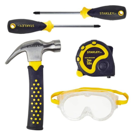 Stanley Jr Open Toolbox + 5 pc Toolset Hammer Screwdriver Philips Screwdriver Flat Square Safety Goggle Open Toolbox