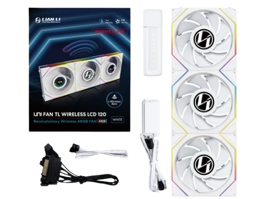 Lian Li UNI FAN TL Wireless LCD 120mm Omvendt Vifte 3-pk. Hvit Lian Li UNI FAN TL Wireless LCD 120mm Omvendt Vifte 3-pk. Hvit