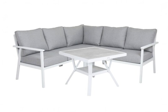 Brafab Samvaro sofagruppe Hvit med grå pute 2 st 2-seter ende, hjørne & bord 90x90 cm
