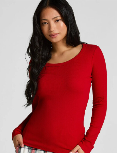 Hunkemöller Top Ls Crew Rib Cotton - Red - XS