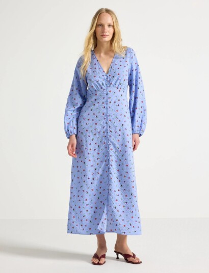 Lindex Long Sleeved Midi Dress In Seersucker   Blue   S