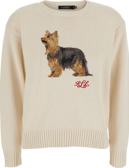 Ralph Lauren Beige Crewneck Genser med Yorkshire Terrier Motiv for Dame