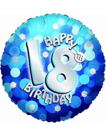 Happy 18th Birthday   Blå og Sølvfarget Holografisk Folieballong 45 cm