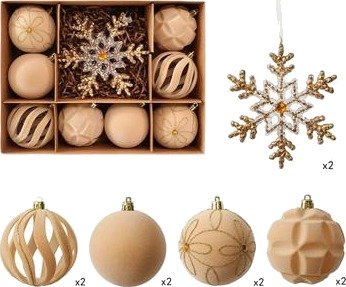 Julekule-/snøfnuggpyntesett med flokk – 8cm/16cm – 10 stk. – Khaki Julekule-/snøfnuggpyntesett med flokk – 8cm/16cm – 10 stk. – Khaki