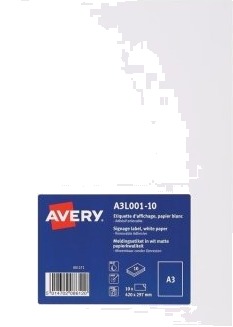 Avery A3l001 10 Hvit Selvklebende Skriveretikett A3 Papir Universell Avtagbar