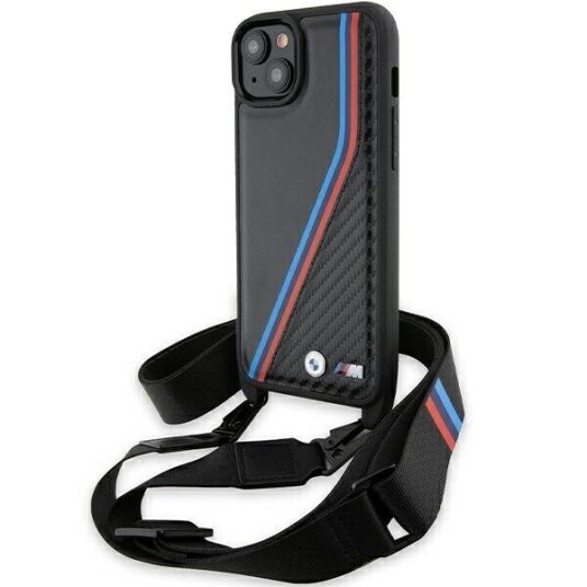 BMW M Edition Hardcase til iPhone 15 Plus / 14 Plus 6.7" med Karbon Tricolor-Linjer og Rem - Sort