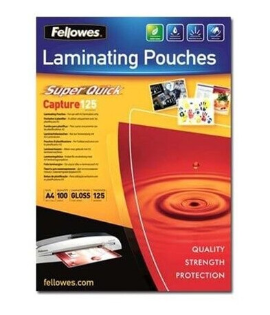 Fellowes SuperQuick A4 Glossy 125 Micron Laminating Pouch Fellowes SuperQuick A4 Glossy 125 Micron Laminating Pouch