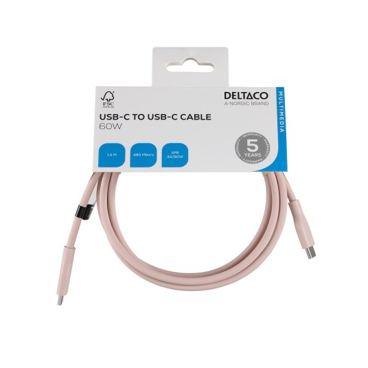 DELTACO USB-C - C USB2.0 SPR Cable, silicone, 1,5m, Pink