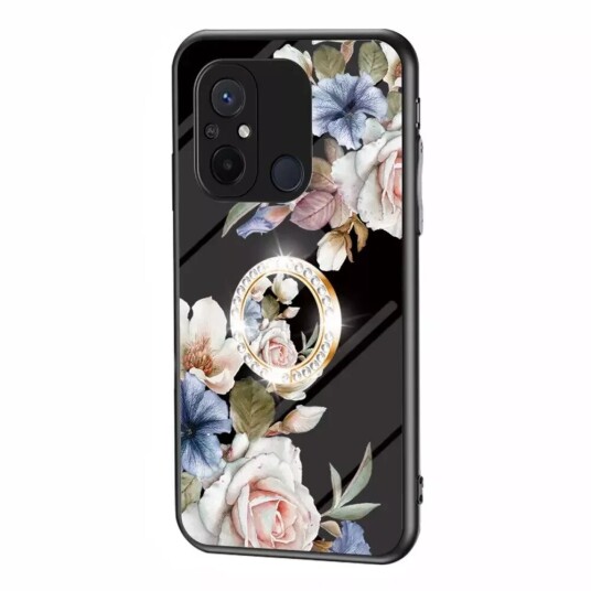 INCOVER Xiaomi Redmi 12C Fleksibel Plastik Deksel m. Glassbakside & Magnetisk Stativ / Fingerring - Svart m. Blomster
