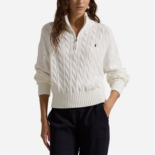 Ralph Lauren Cable-Knit Cotton Quarter-Zip Sweater White