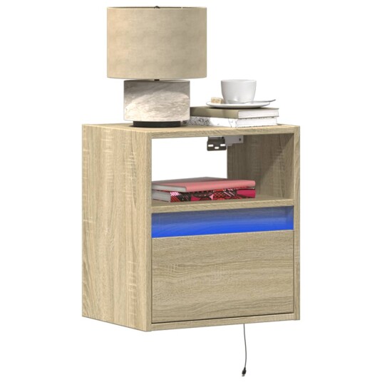 Vegghengt nattbord med LED-lys sonoma eik 3307979