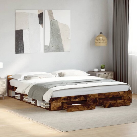 Sengeramme med skuffer røkt eik 180x200 cm konstruert tre 8721102623844 Sengeramme med skuffer røkt eik 180x200 cm konstruert tre 8721102623844