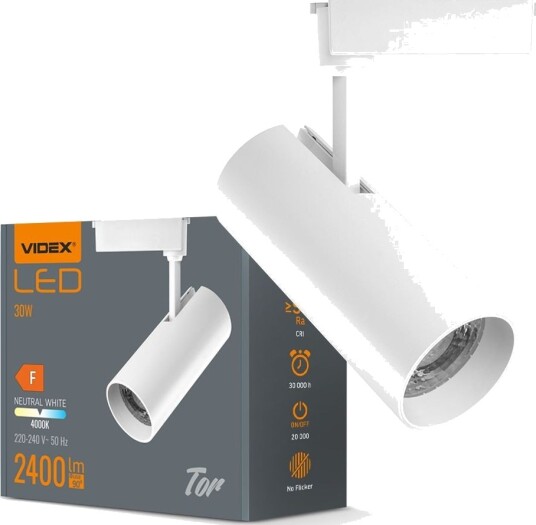 Videx 30W 1 faset RA90 Tor skinnespot Hvit 1F2W Kulør : Nøytral