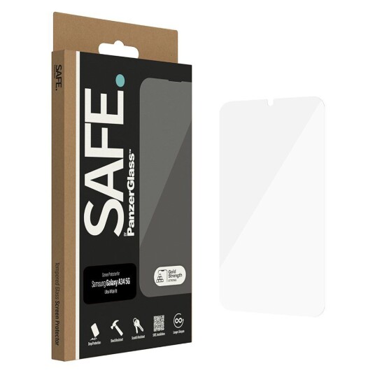 PanzerGlass Samsung Galaxy A34 (5G) Safe By PanzerGlass™ Ultra-Wide Fit Beskyttelsesglass - Case Friendly - Gold Strength - Gjennomsiktig