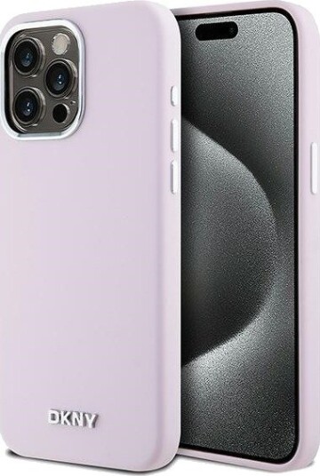 DKNY MagSafe-etui i flytende silikon med liten metallogo til iPhone 15 Pro Max – rosa