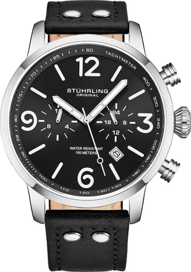 Stührling Original Herreklokke 3956.1 Aviator Sort/Lær Ø45 mm Stührling Original Herreklokke 3956.1 Aviator Sort/Lær Ø45 mm