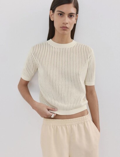 Mango Short Sleeved Openwork Knitted Sweater   Cream   L