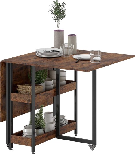 Sammenleggbart spisebord i industridesign for inntil 4 personer åpne hyller fleksibelt metall sponplater brun