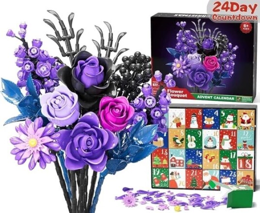 24 dagers julekalendergave   Lilla rose byggeklossett   For familie/venner/barn   Gotisk botanisk dekorativt hjemmepynt 822 deler