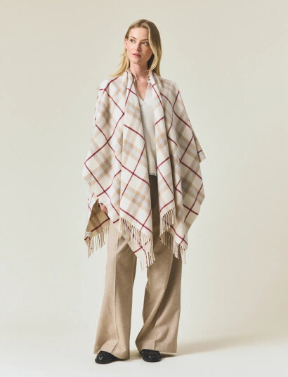 Lexington Clothing Checked Recycled Wool Blend Poncho - Beige - ONE SIZE