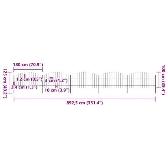 vidaXL Hagegjerde med spydtopp stål 1 1,25x8,5 m svart