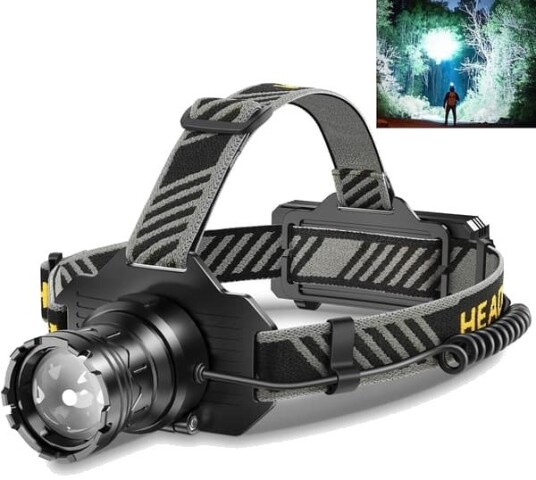 Ny 100000 lm Oppladbar hodelykt - Variabel Zoom, IPX7 Vanntett - Ideell for Løping, Fiske, Camping, (Svart)