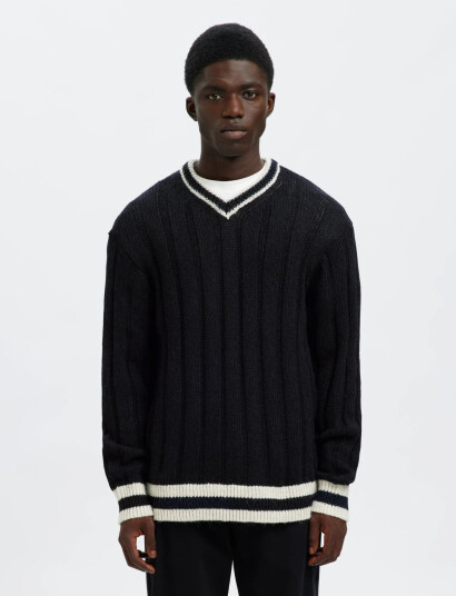 Selected Slhroy Ls Knit Relaxed Rib V-Neck - Navy - XXL
