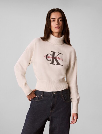 Calvin Klein Jeans Ls Logo Tneck Pullover Cream XS
