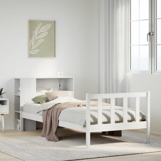 Seng med bokhylle uten madrass hvit 90x190 cm heltre furu