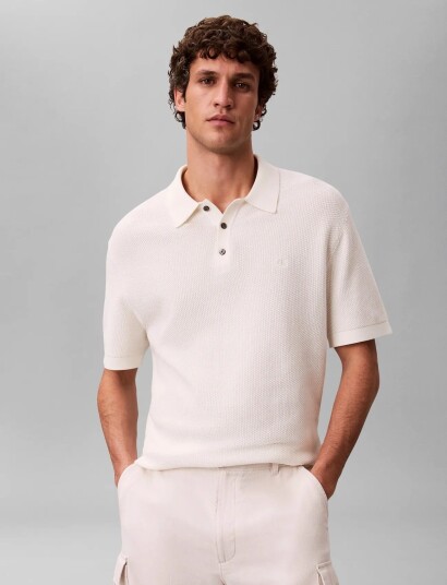 Calvin Klein Ss Textured Cotton Polo Sweater   Cream   XL
