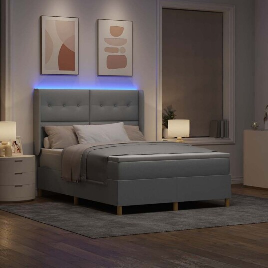 Box Spring Seng med Madrass & LED Lys Lys Grå 140x200 cm Stoff Box Spring Seng med Madrass & LED Lys Lys Grå 140x200 cm Stoff