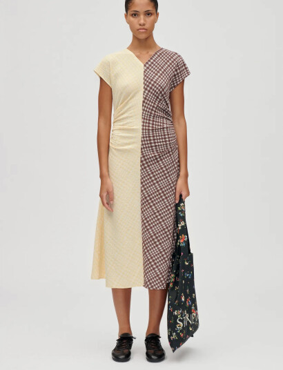 STINE GOYA 2118 Checkered Jersey, Ruched Waist - Yellow - XS STINE GOYA 2118 Checkered Jersey, Ruched Waist - Yellow - XS
