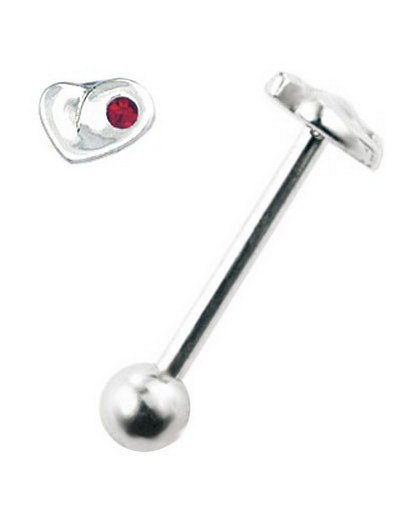 Tungepiercing Hjerteformet Toppkule & Rød Sten Strl 1.6 x 14 med 5 mm kule