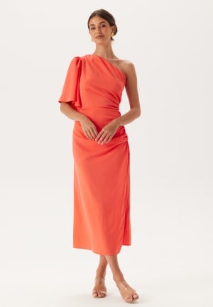 Bubbleroom Occasion Ruched One Shoulder Midi Dress Coral 36