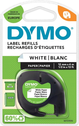 DYMO Letratag papirtape, sort på hvit, 12mm x 4m rull, selvklebende
