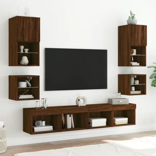  Veggmontert nattbord med LED-lys 2 stk brun eik 8721012257108