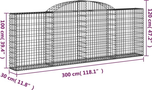 vidaXL Gabionkurv buet 300x30x100/120 cm galvanisert jern