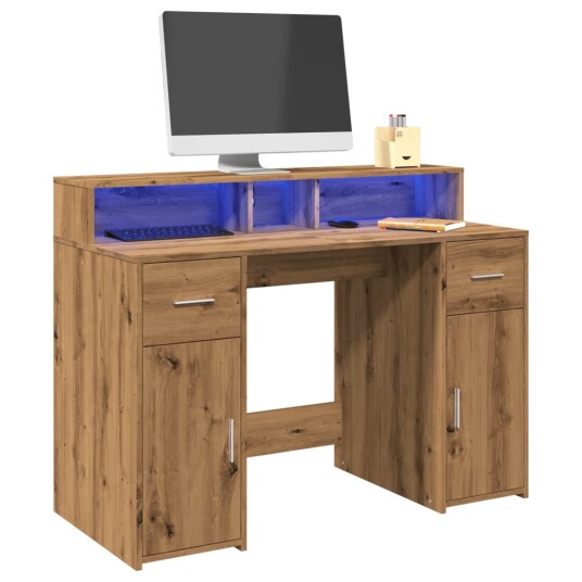  Skrivebord med LED-lys artisan eik 120x55x91 cm konstruert tre