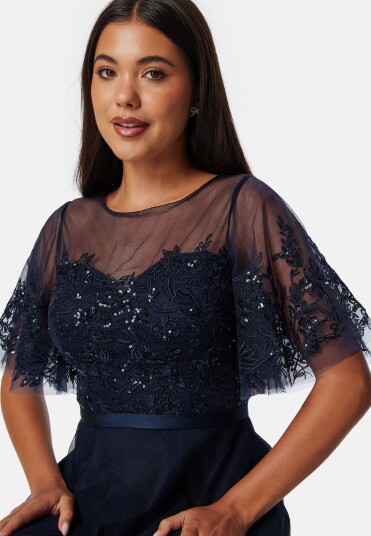 Bubbleroom Occasion Embroidered Mesh Midi Dress Dark blue 34