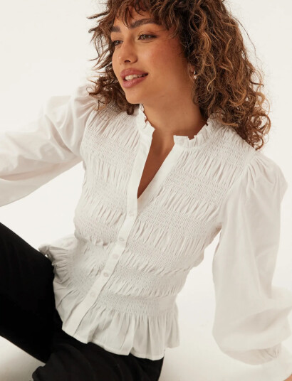Bubbleroom V Neck Cotton Smock Blouse White S